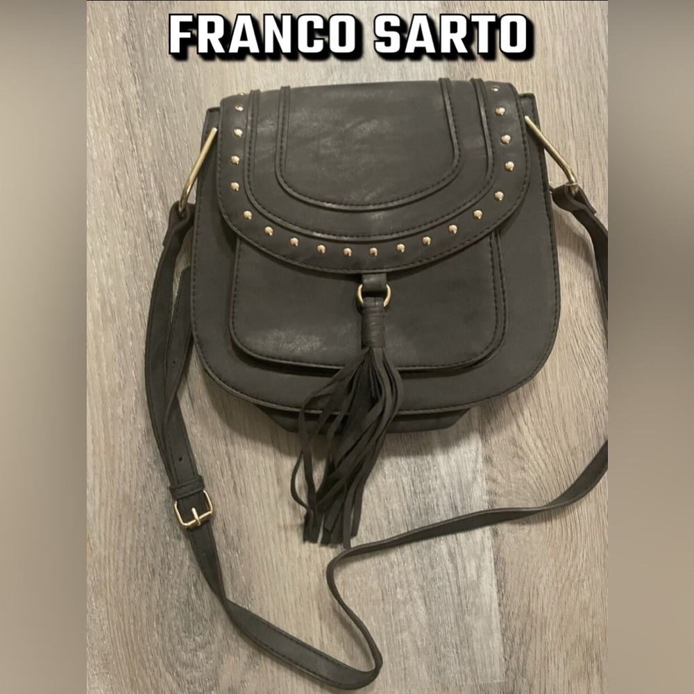 Franco Sarto Vegan Suede/Leather Rex Saddle Bag Studded/Tassel Crossbody Purse